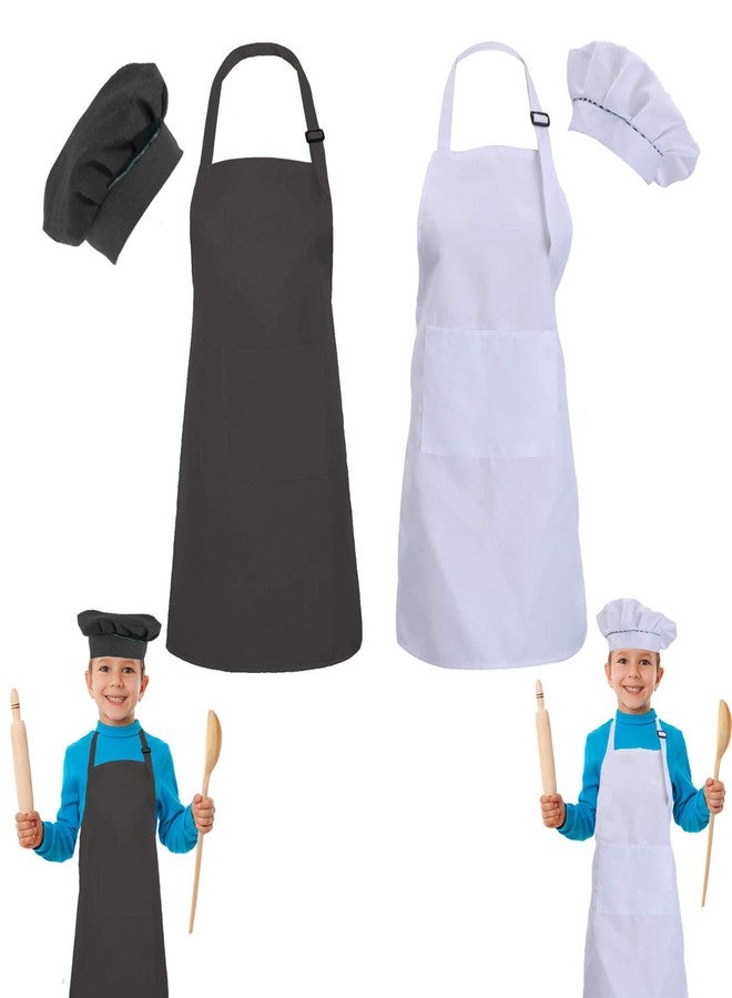 multifuns 2 Sets Black & White Kids Aprons and Chef Hat Set for Girls Boys Baking Cooking Painting 5-12 Ages - Image 1